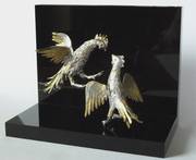 Combat de coqs, figurines en laiton et soudure argent. Jidejol