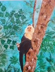 Singe capucin du Costa Rica, avec son bébé (d après photo). Ghislaine Phelut